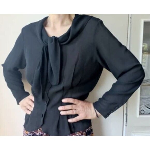 BIS Vintage 80-90ss black semi sheer fitted silhouette blouse Size M - Picture 1 of 9